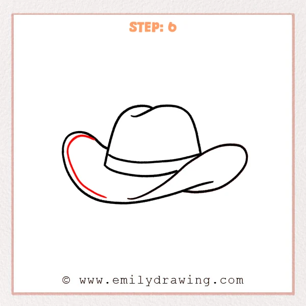 how to draw a cartoon cowboy hat - An inner curve is added inside the lifted left brim of the cartoon cowboy hat, creating a clear brim thickness and fold.